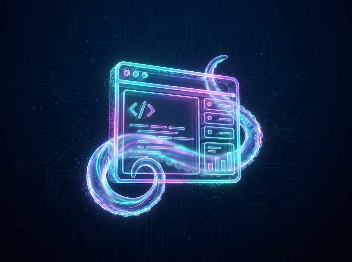 Neon holographic browser window with code, representing Octopulse web development